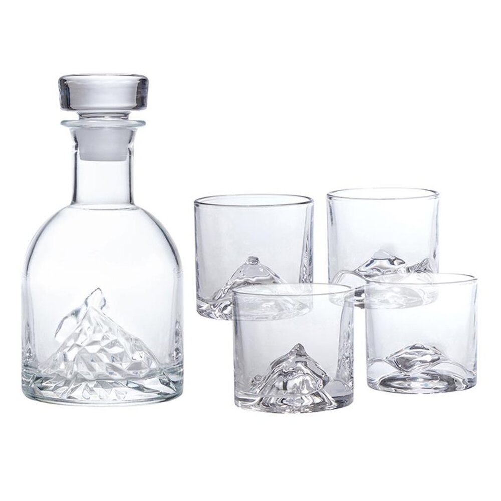 The Peaks Mountains Crystal Bourbon Whiskey Decanter Gift Set with 4 glasses NIB